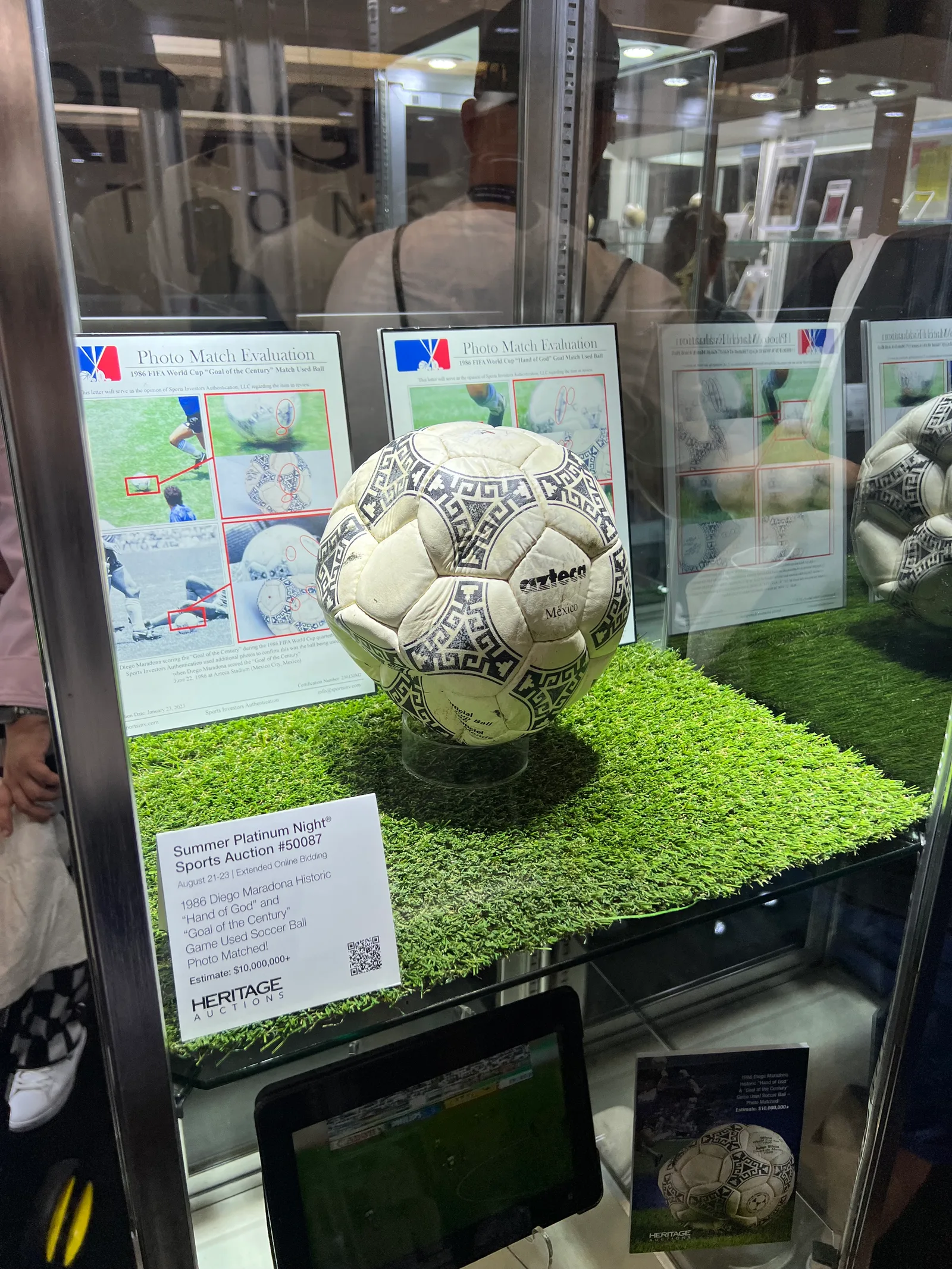 The photo-matched 1986 World Cup ‘Hand of God’ ball in a display case.
